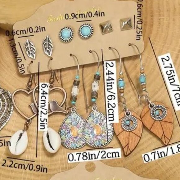 Earrings Turquoise Shell 6pr Dangle Wood Enamel Heart Bird Stylish Trendy Unique - Picture 2 of 2